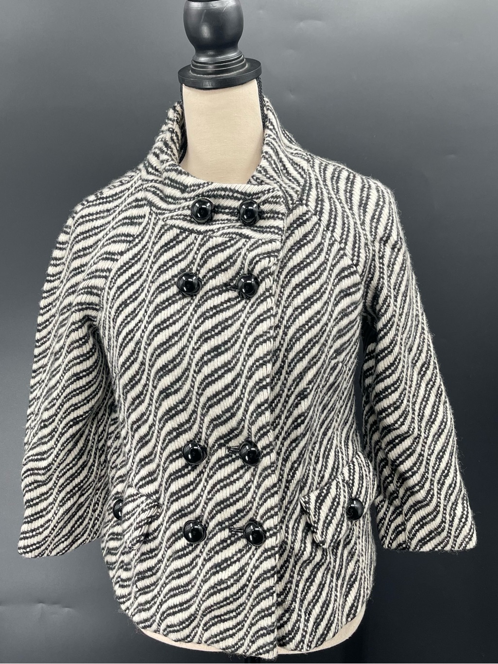 Milly Vtg Y2k Wool Black & White Patterned Double-Breasted Coat Womens Size 6